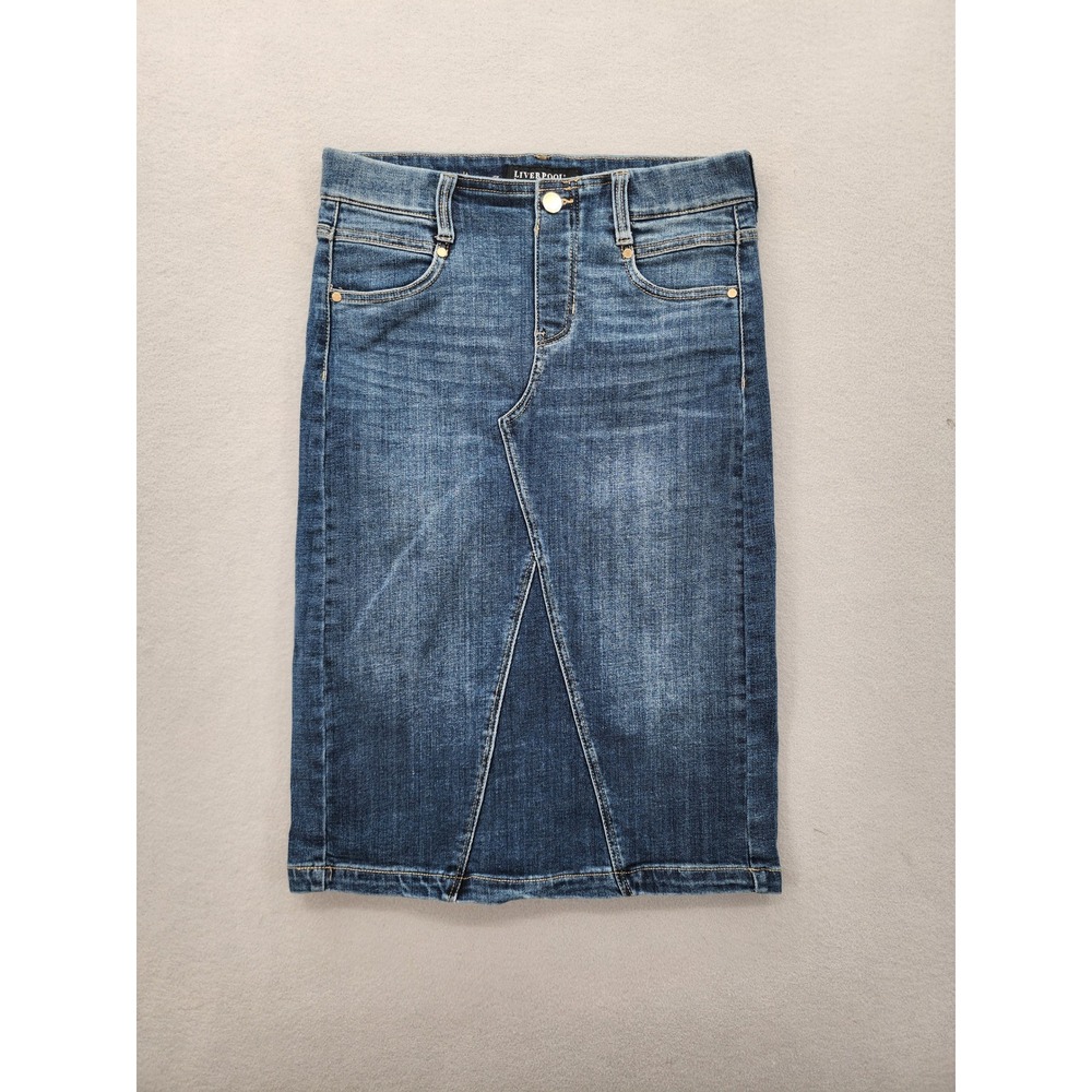 Liverpool Los Angeles Denim Pencil Jean Medium Wash Stretch Pull-On‎ Skirt 26/2